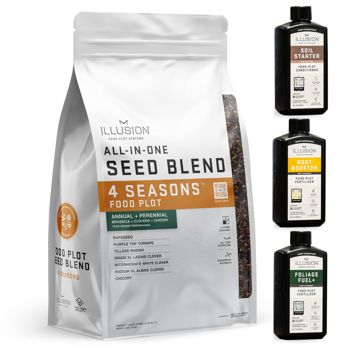 Deer Society front packaging showing complete seed and fertilizer kit benefit: simplified planting