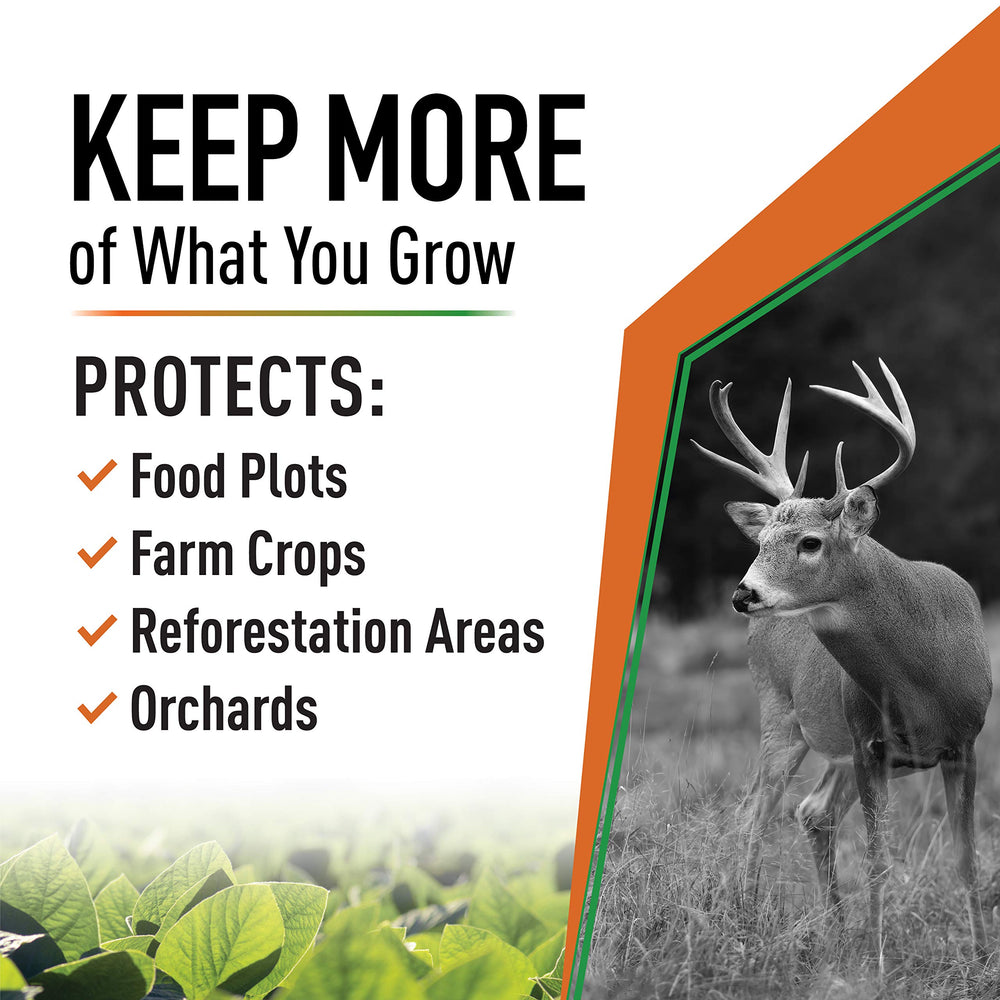 Deer Stopper ribbon tied to stake in a field protecting planted rows benefit