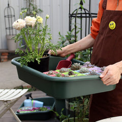 Defemim tray being used to mix potting soil, reducing mess