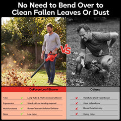 DeForce blowing leaves with long tube clearing driveway faster