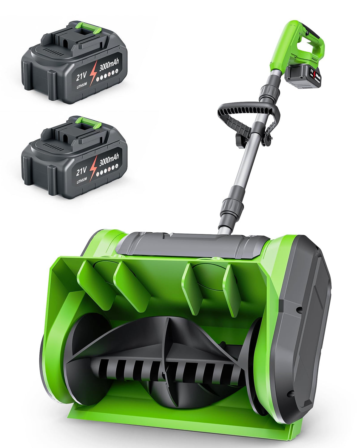 DEGGE front view showing compact shovel and included batteries for quick use