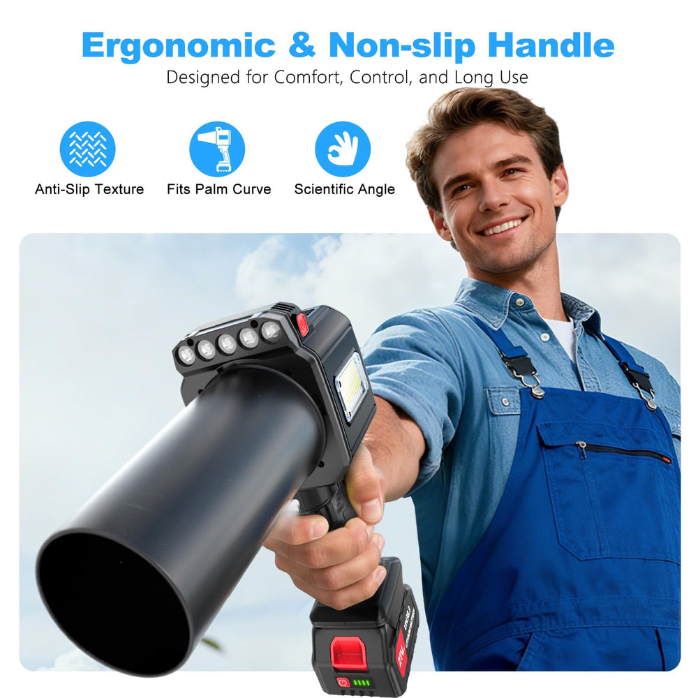 DEGGE blower held in hand to show scale and portability benefit