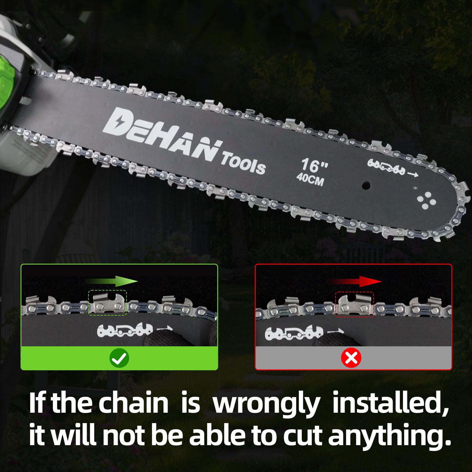 DEHANTOOLS 16-inch bar and chain detail showing sharp teeth for faster cutting benefit