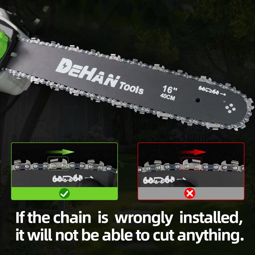 DEHANTOOLS 16-inch bar and chain detail showing sharp teeth for faster cutting benefit