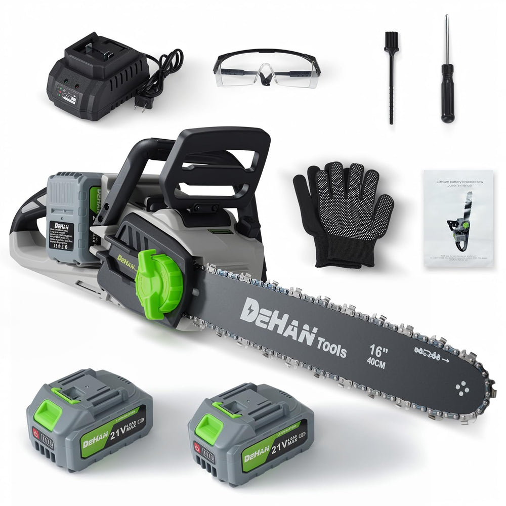 DEHANTOOLS chainsaw front view showing compact build and ergonomic grip benefit