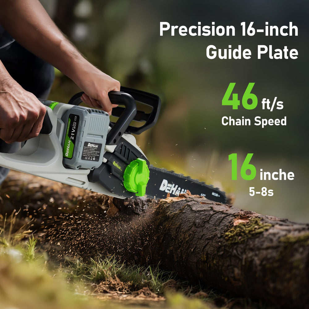 DEHANTOOLS cutting logs in yard demonstrating powerful cutting performance benefit