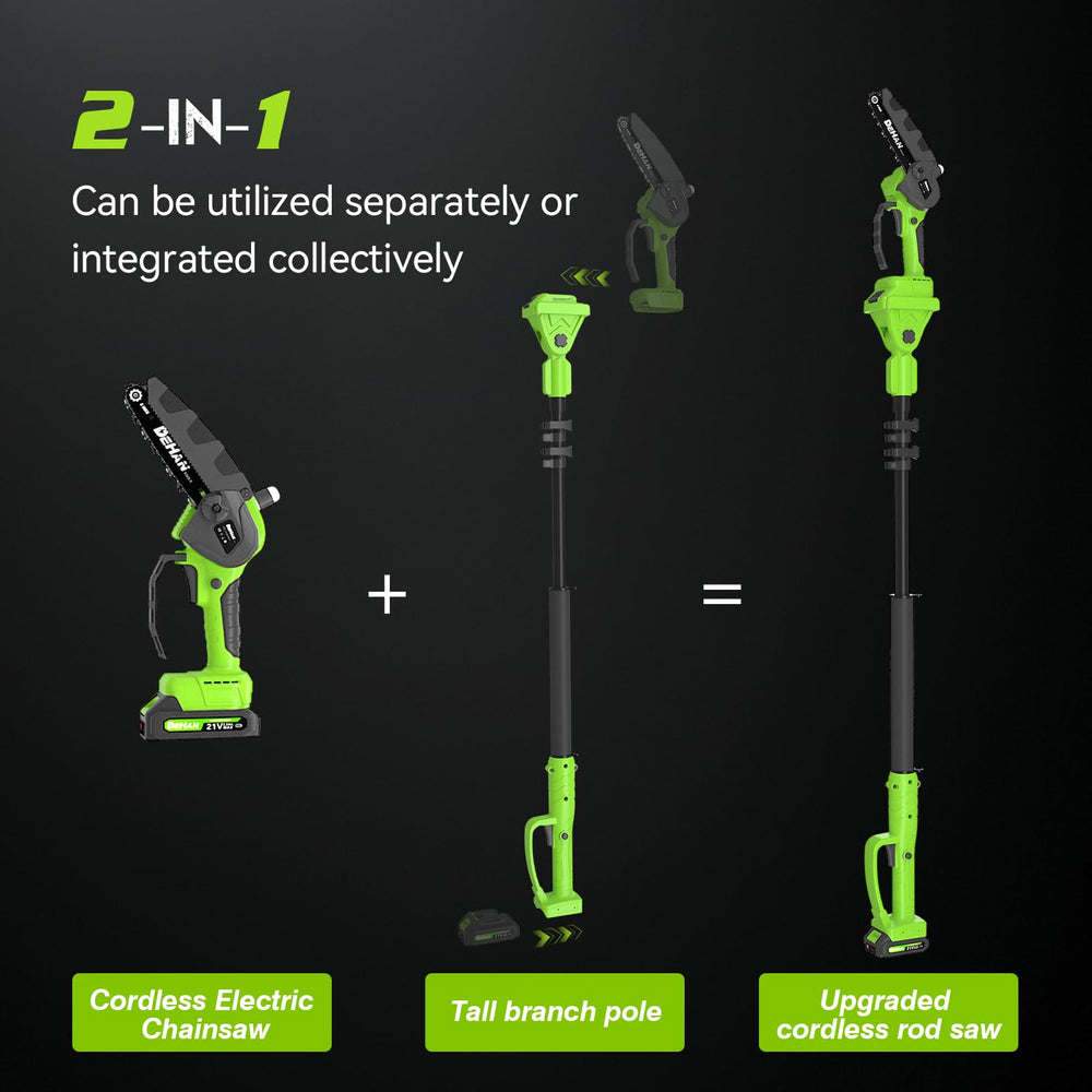 DEHANTOOLS extension pole detail with quick-release coupling showing secure attachment and reach advantage