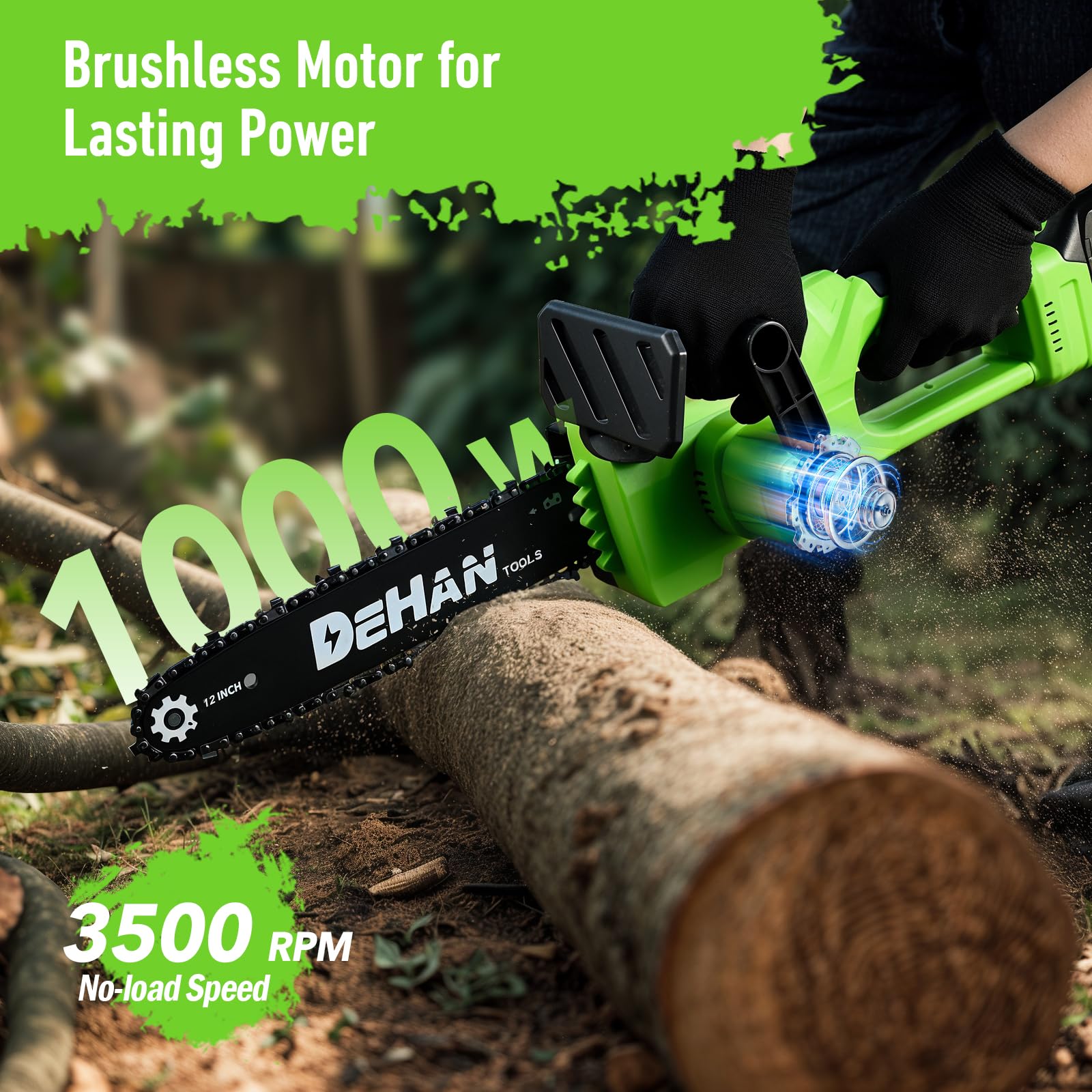 DEHANTOOLS chainsaw cutting a branch, demonstrating effective pruning