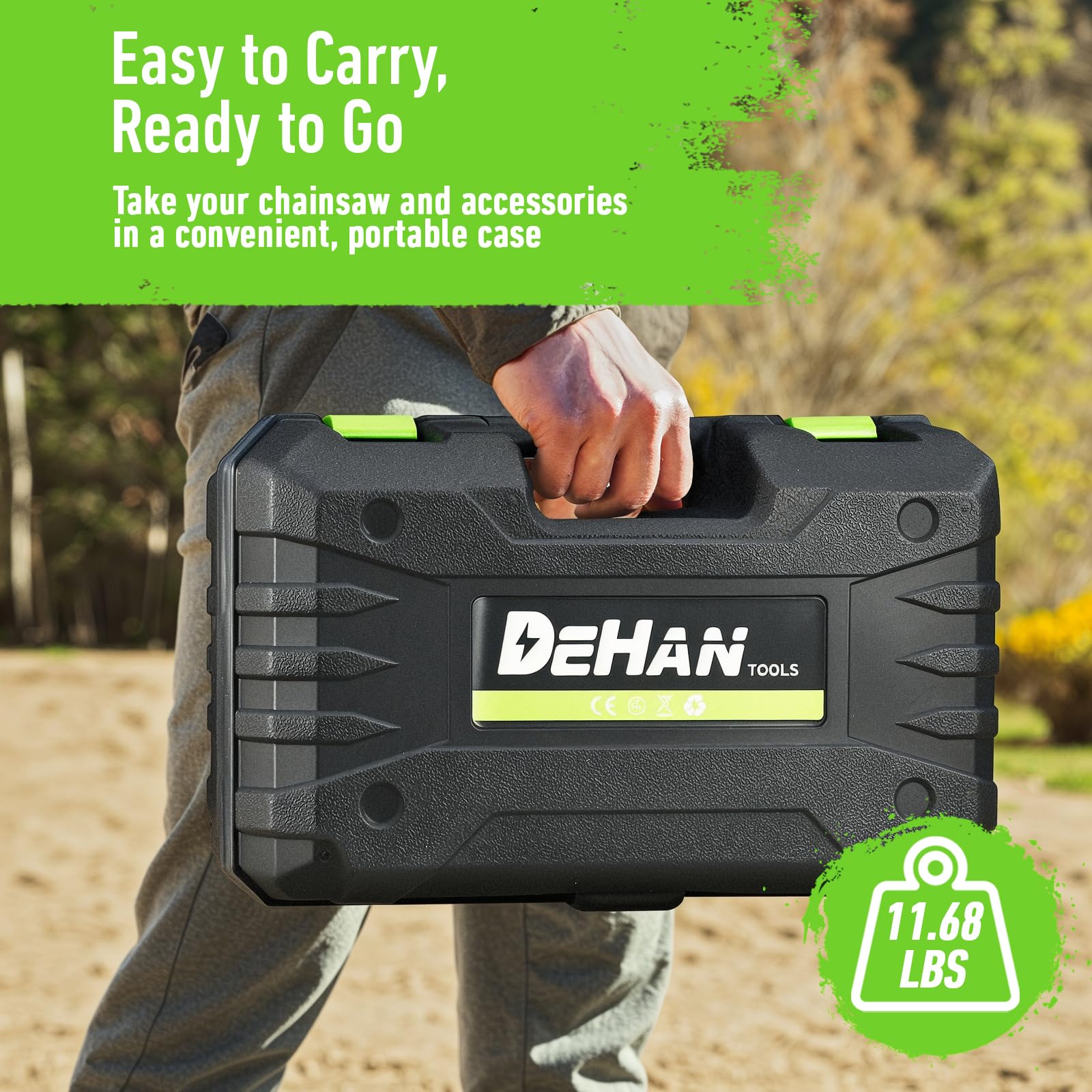 DEHANTOOLS mini chainsaw in a garden setting for everyday yard work