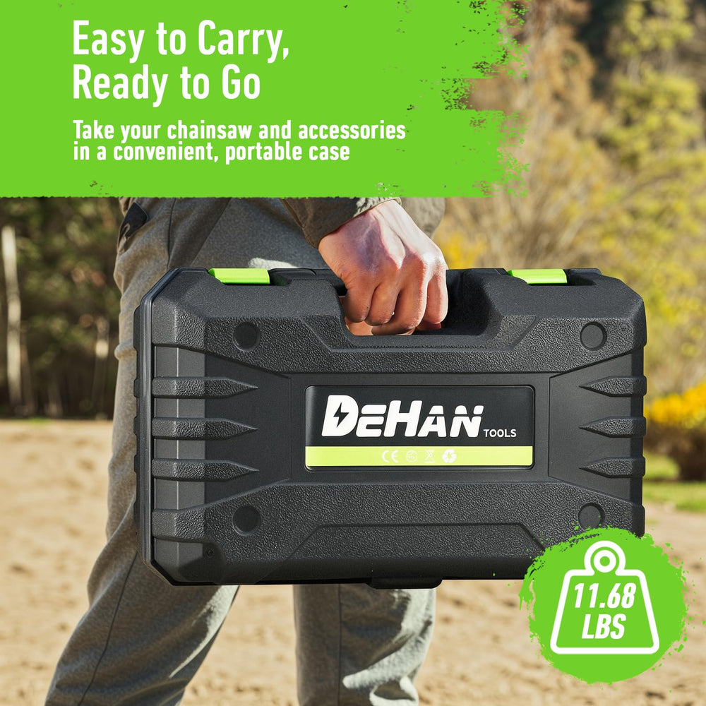 DEHANTOOLS mini chainsaw in a garden setting for everyday yard work