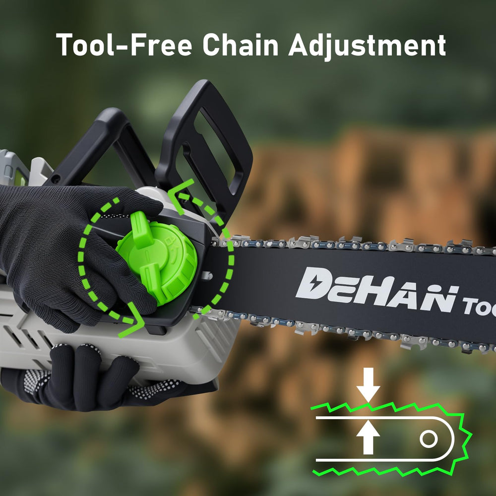 DEHANTOOLS maintenance points close-up showing easy chain tension and oil fill benefit