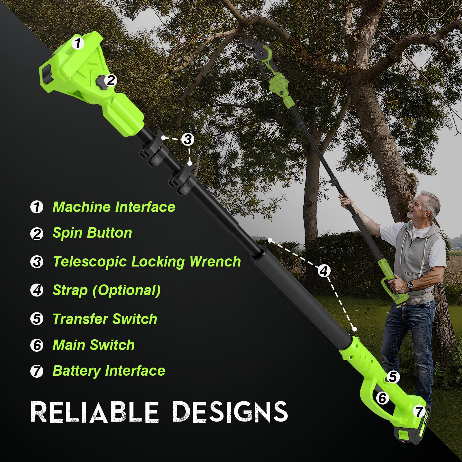DEHANTOOLS pole saw cutting an overhead branch illustrating safe ladder-free pruning and stable reach