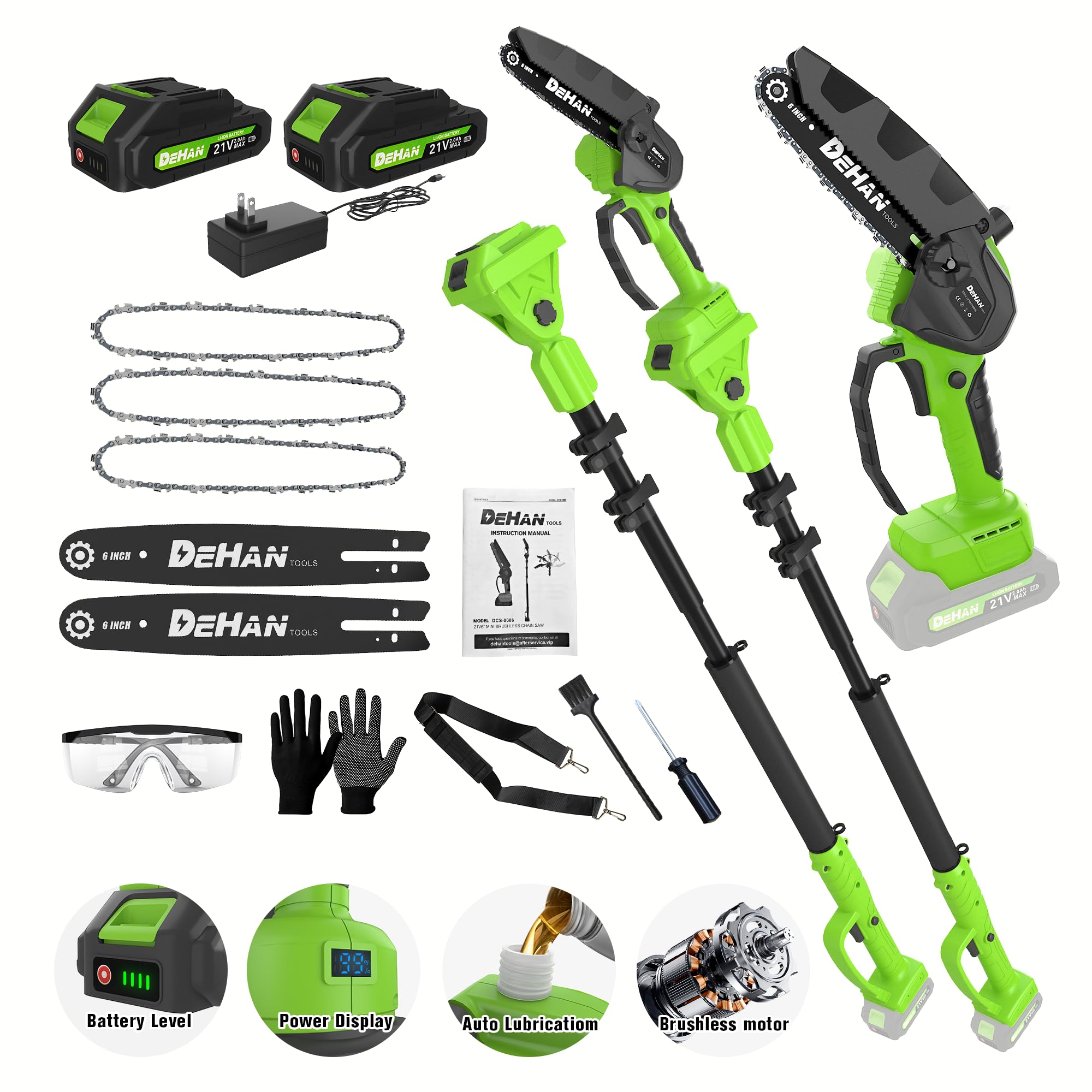 DEHANTOOLS cordless pole saw front view showing compact 6-inch chainsaw head and pole for versatile trimming
