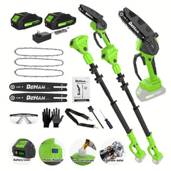 DEHANTOOLS cordless pole saw front view showing compact 6-inch chainsaw head and pole for versatile trimming