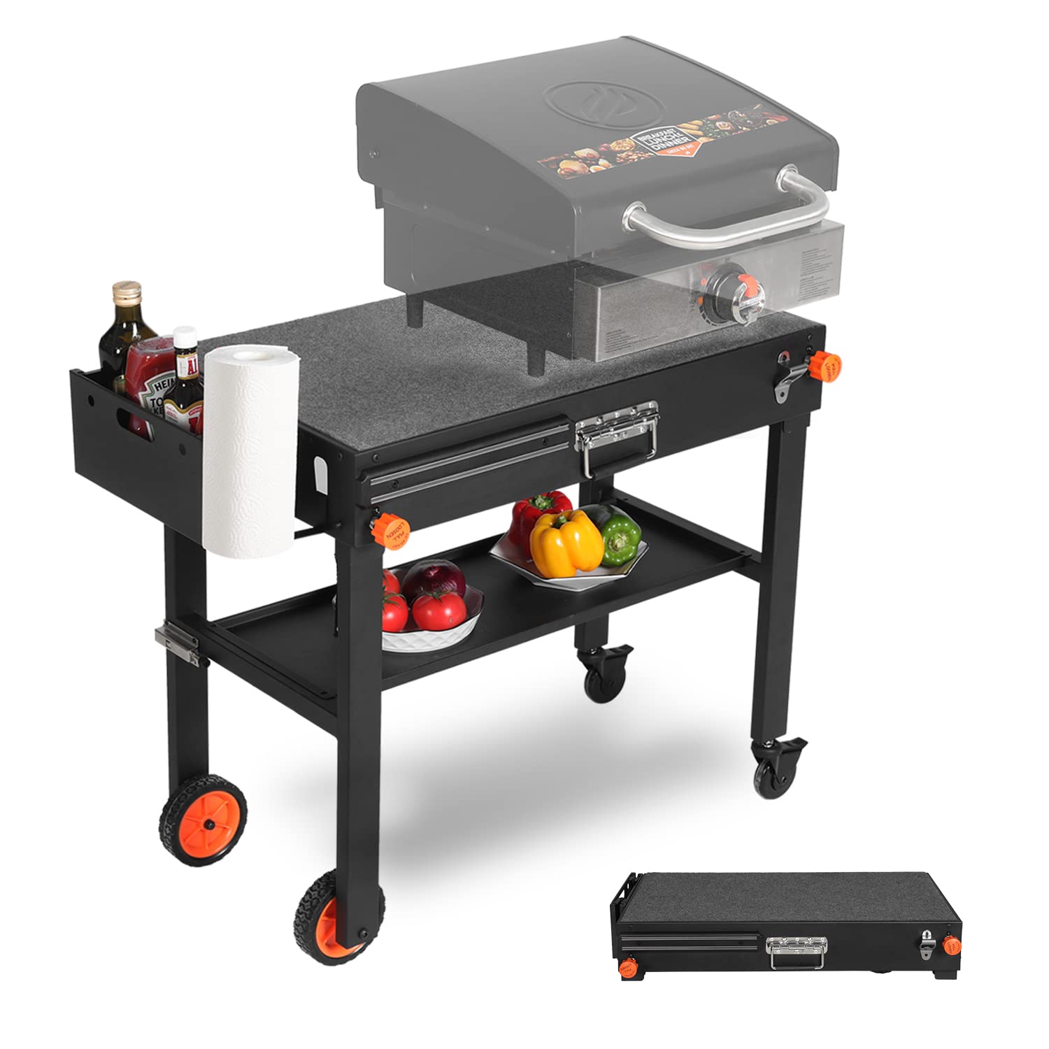 DeintYei front view folded grill cart, compact transport and storage benefit