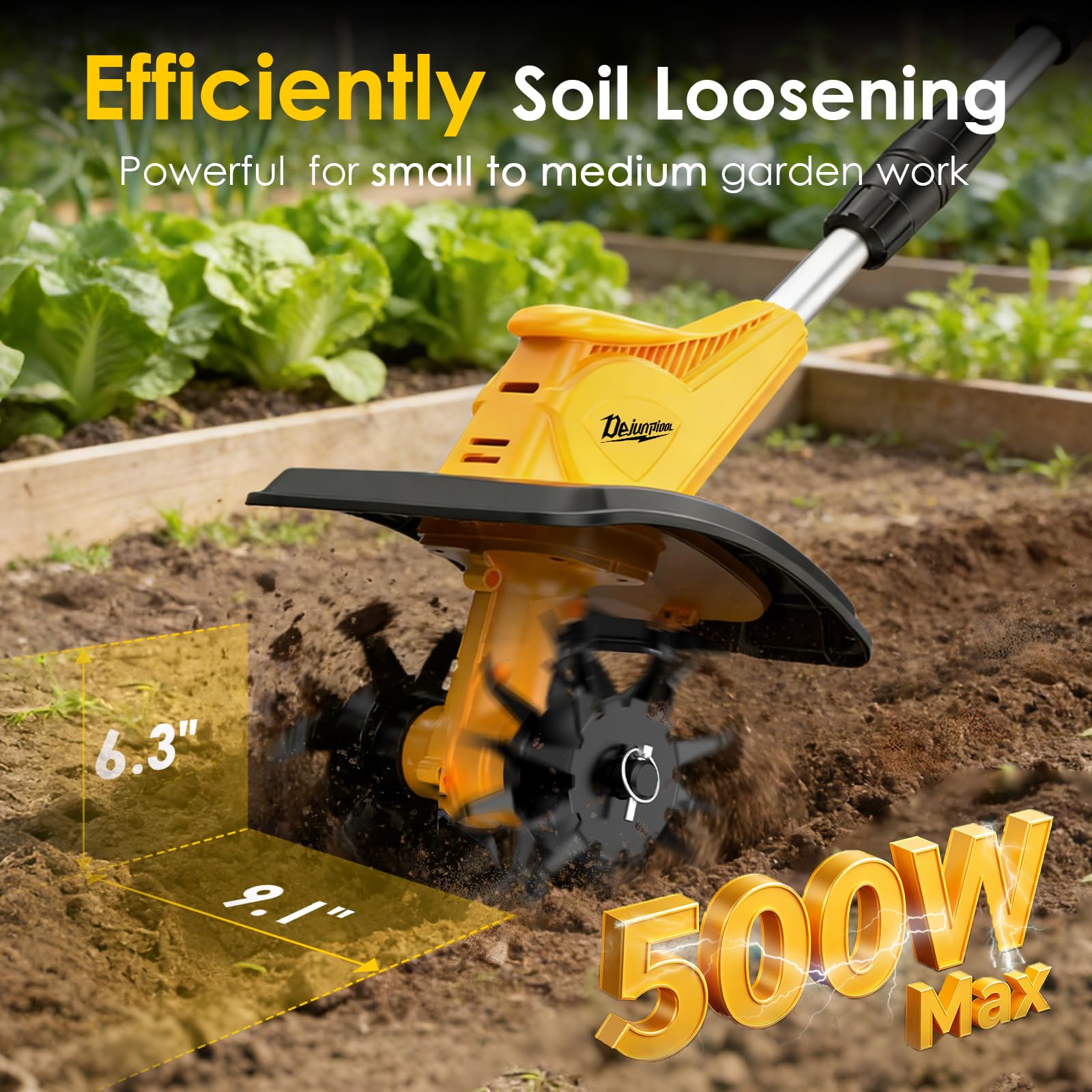 DEJUNPIOOL close-up on 40 steel tines for deeper, consistent soil turnover