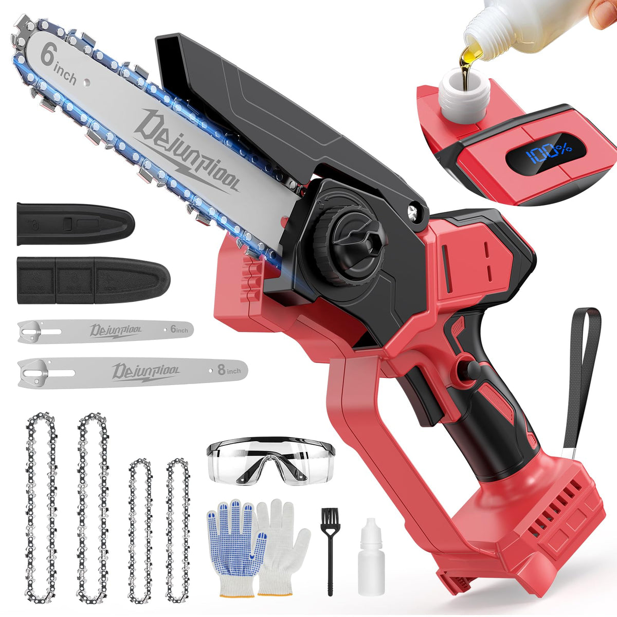 DEJUNPIOOL front view of mini chainsaw showing compact design and ergonomic grip