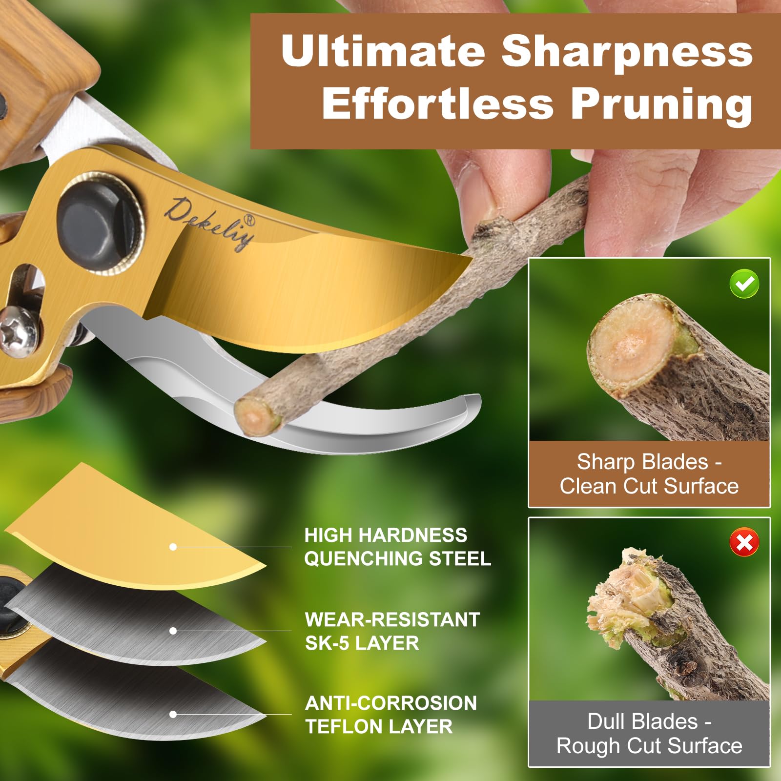 DEKELIY pruning set beside a ruler showing scale and cutting capacity clarity