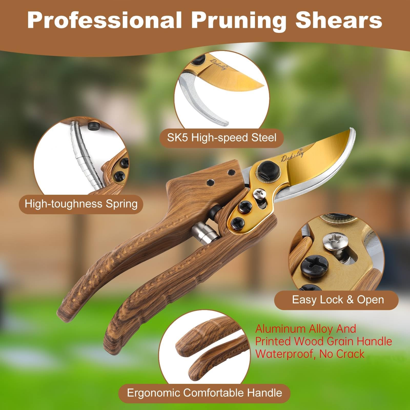 DEKELIY walnut-style handle detail showing ergonomic shape for reduced strain