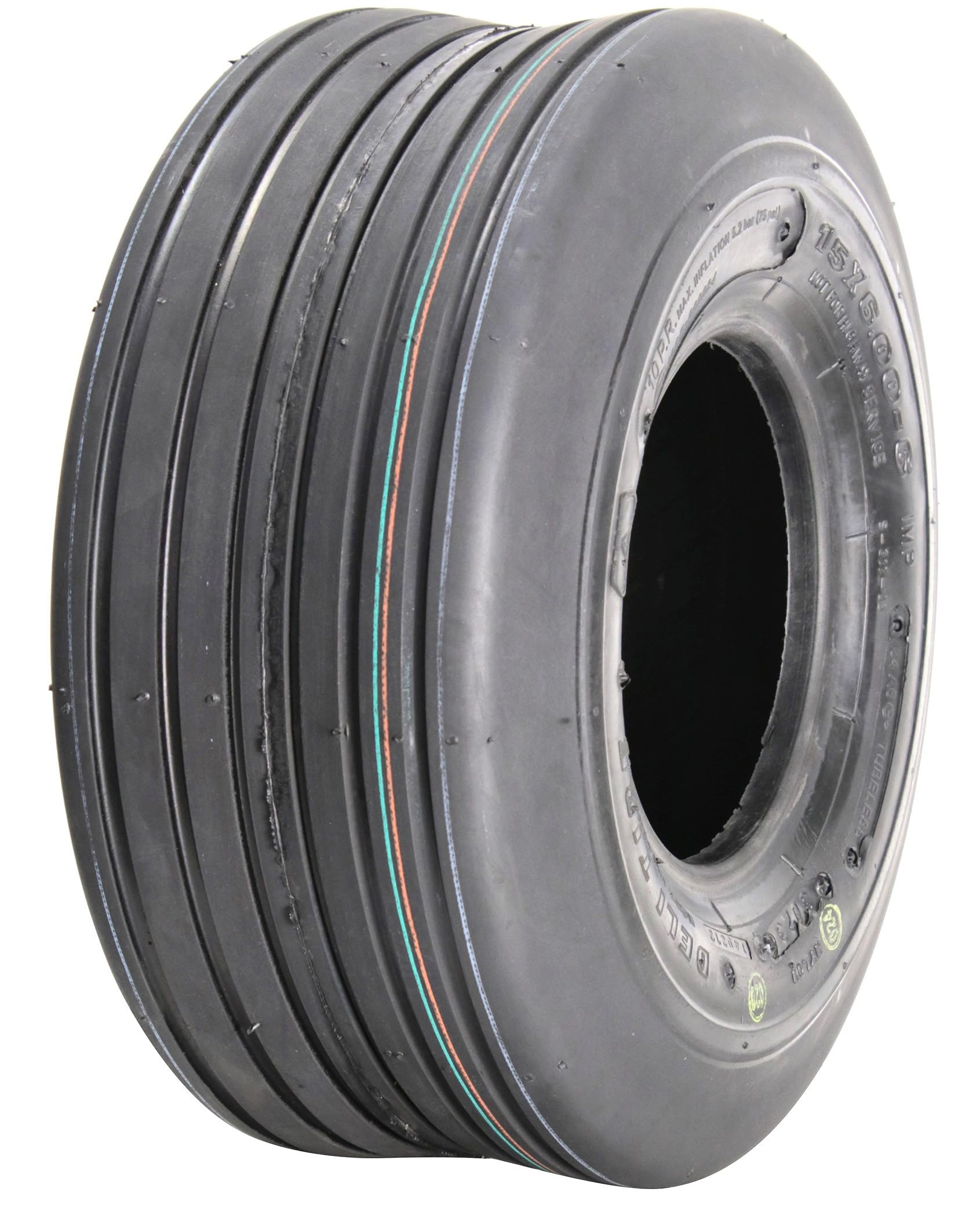 Deli Tire S-317 front profile showing straight rib tread, highlighting turf-friendly rolling