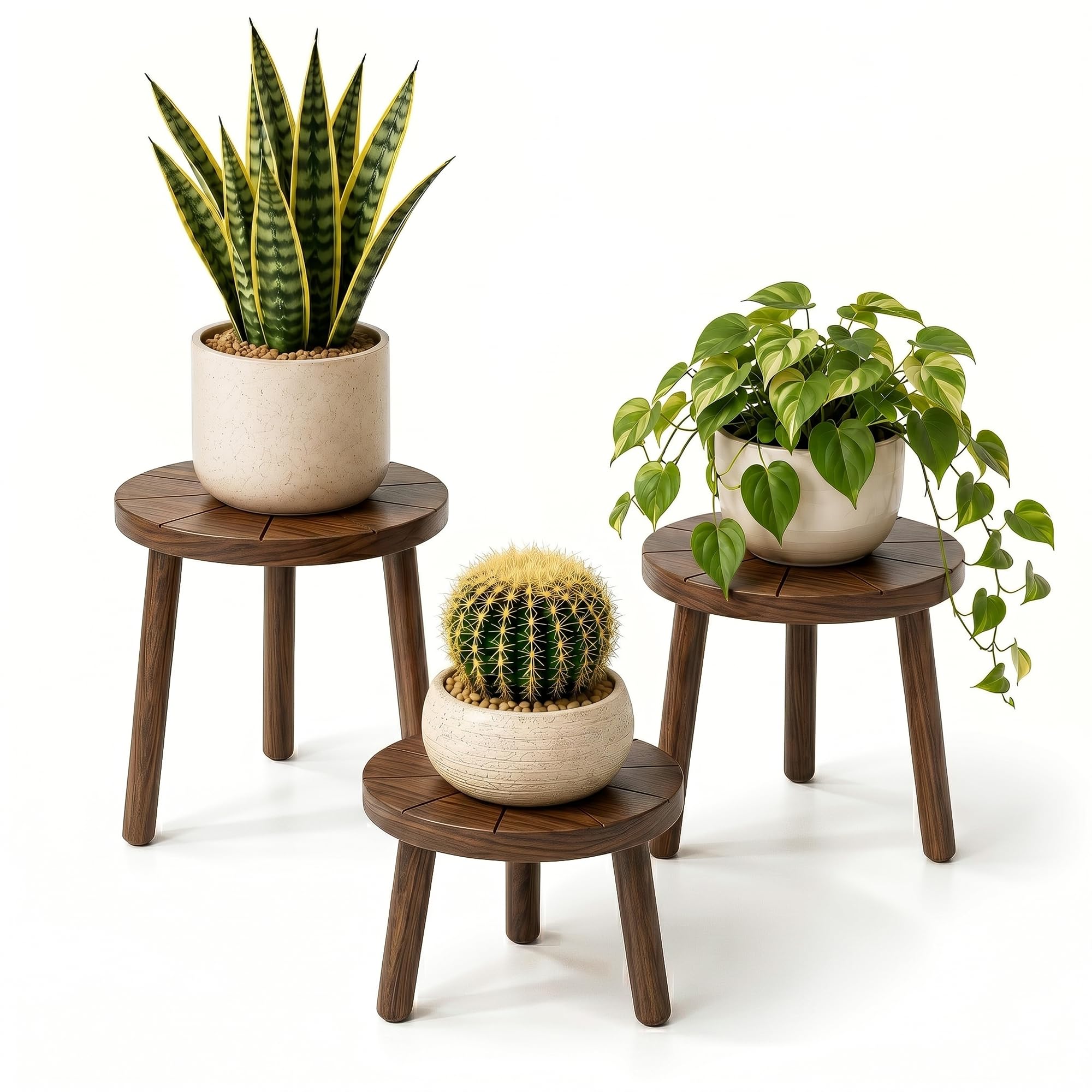 Delma front view of three dark brown plant stands showing layered styling benefit