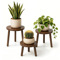 Delma front view of three dark brown plant stands showing layered styling benefit
