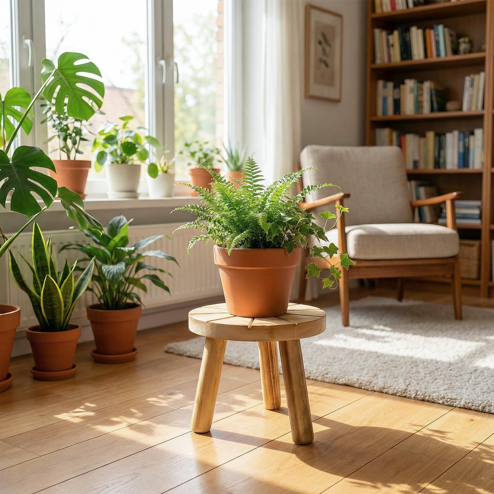 Delma stands styled in a living room holding plants and books benefit: blends with home decor