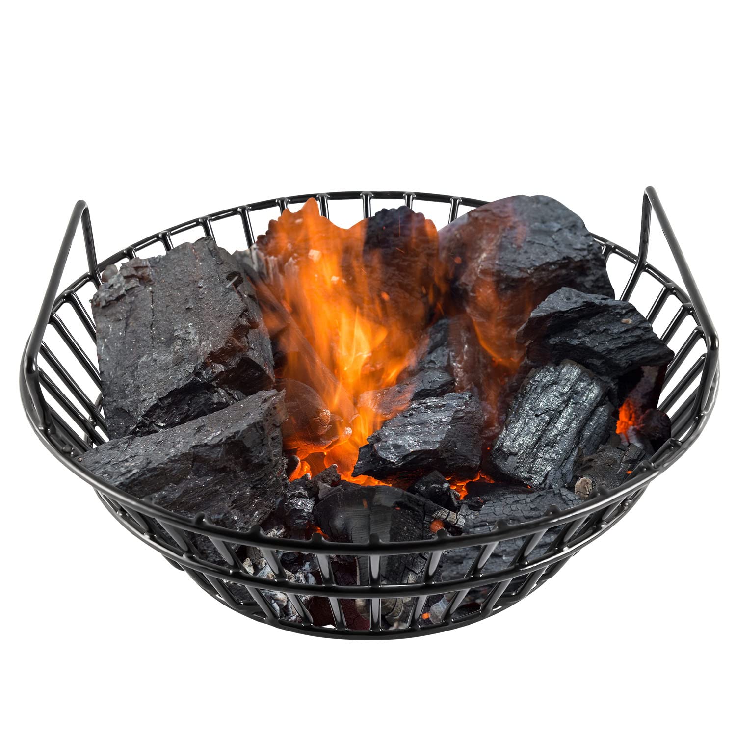 DELSbbq ash basket next to lump charcoal illustrating size and reuse benefit