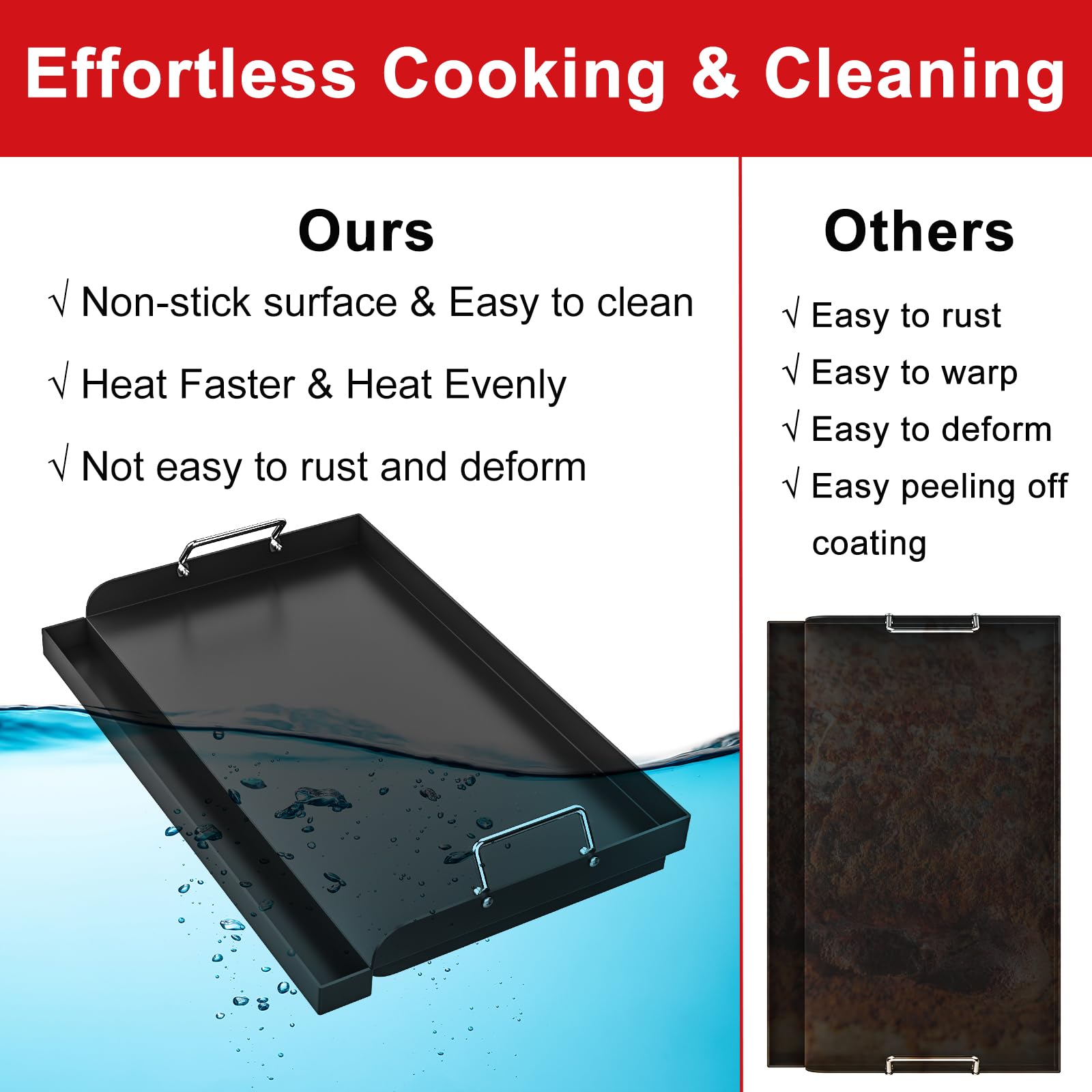 DELSbbq griddle next to two silicone gloves illustrating safe handling and scale