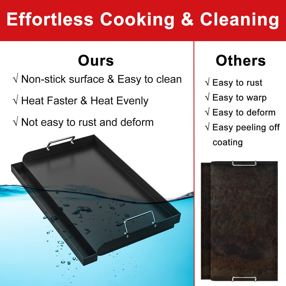 DELSbbq griddle next to two silicone gloves illustrating safe handling and scale