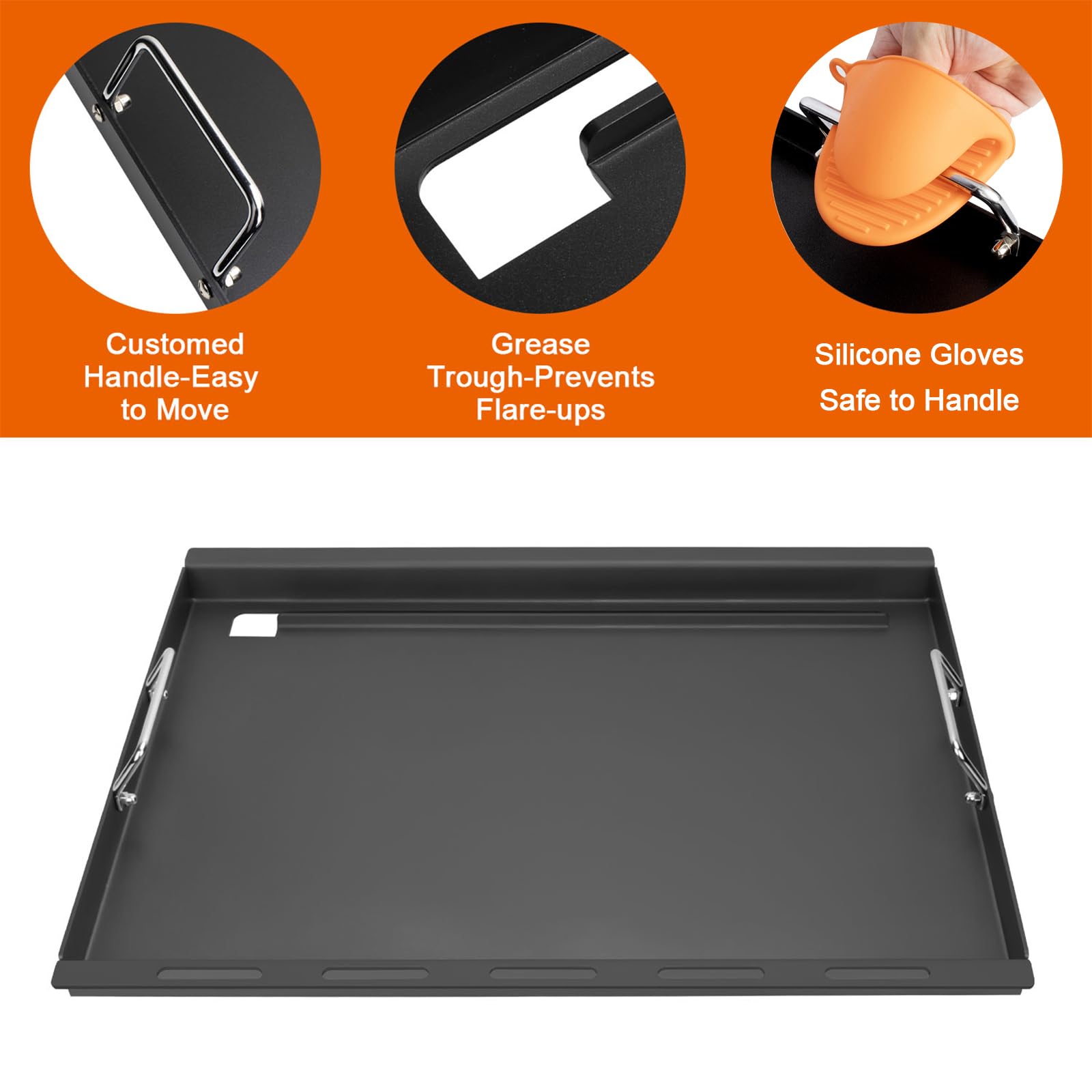 DELSbbq griddle beside ruler, DELSbbq shows exact 22.6x17.4 inch cooking dimensions