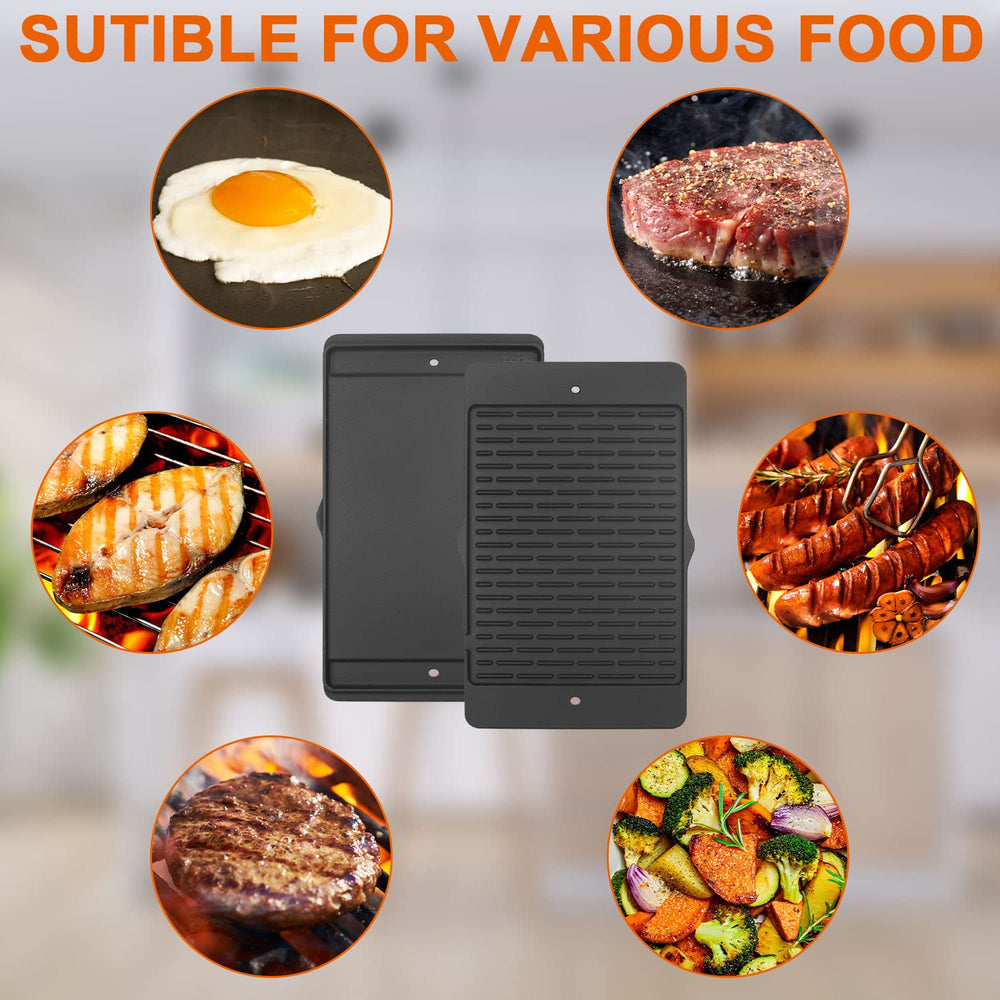 DELSbbq griddle beside ruler showing 19.4 x 12.5 x 0.7 inches size