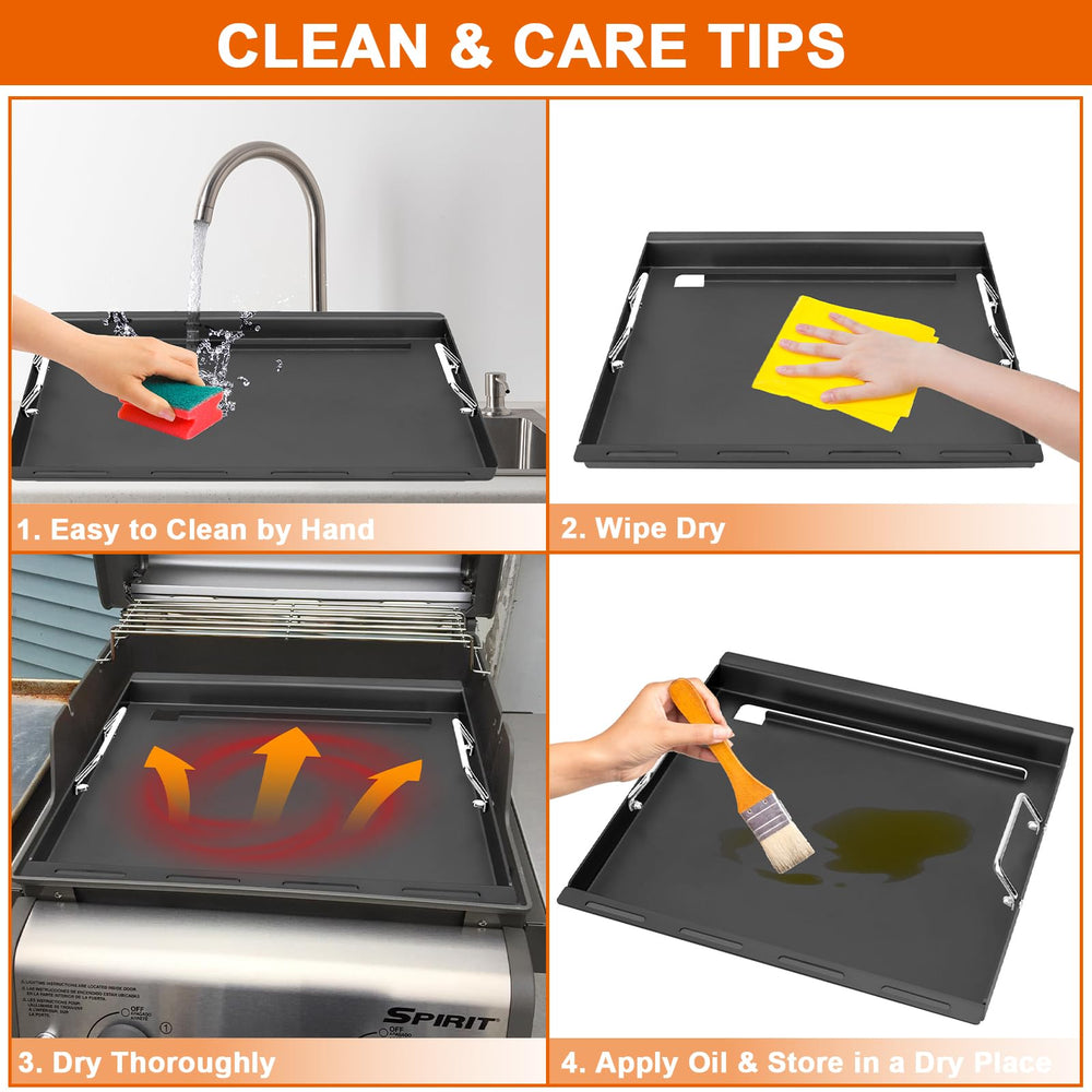 DELSbbq griddle next to ruler showing 19.6 by 17.4 inch fit for compatibility