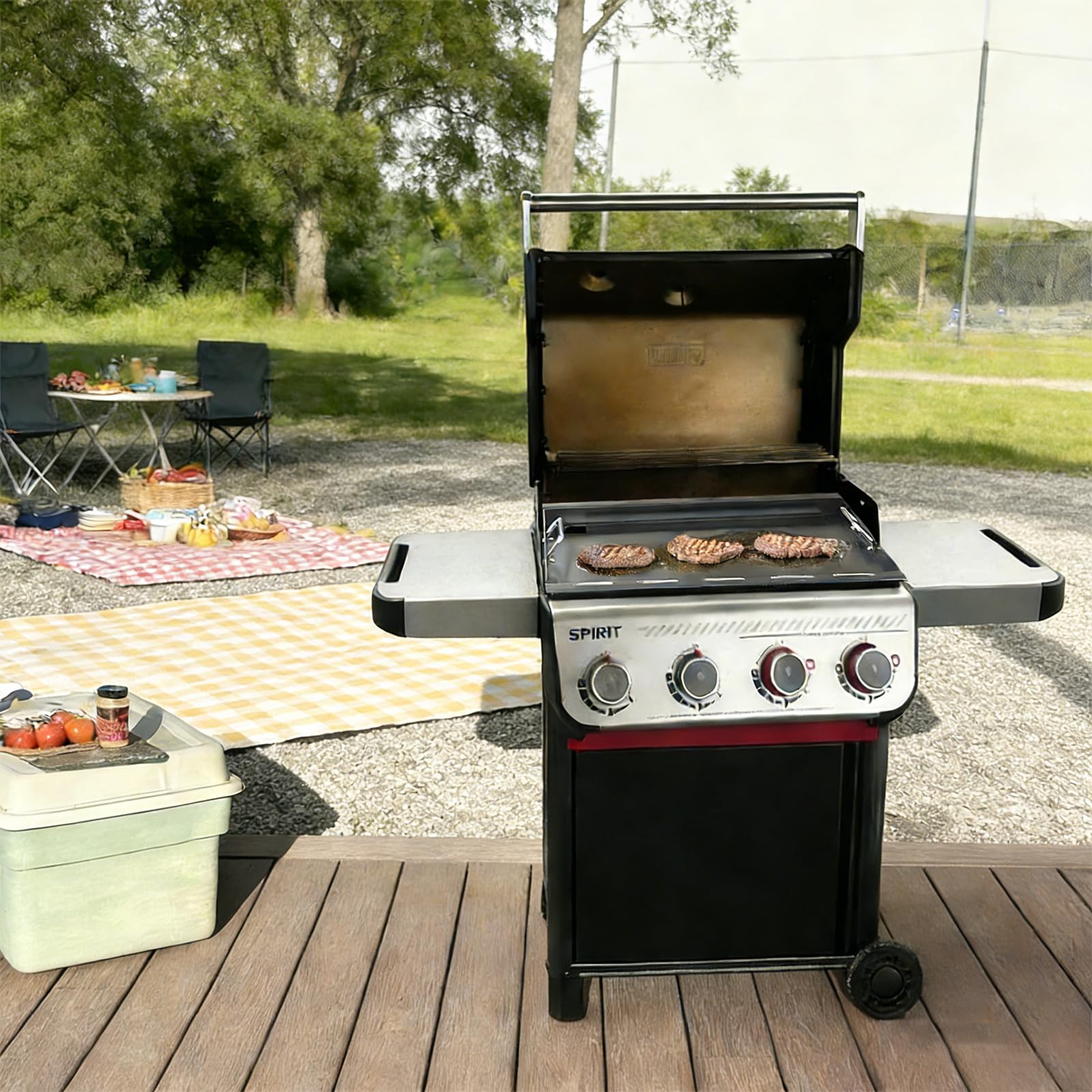 DELSbbq griddle stored flat, illustrating compact storage and protected surface