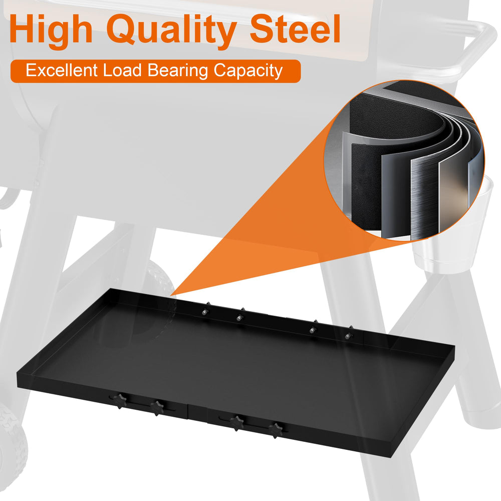 DELSbbq shelf in use with pellet bag for quick access benefit