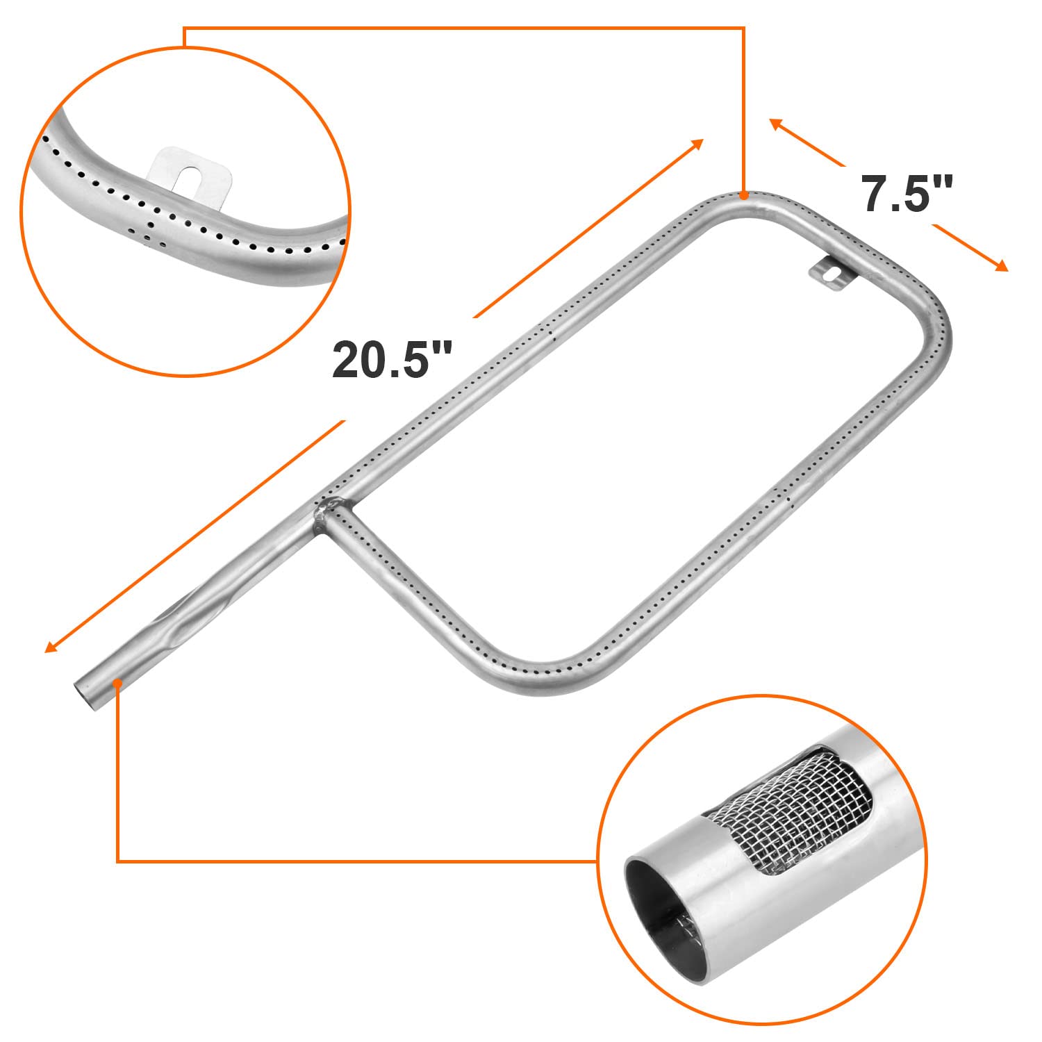 DELSbbq stainless steel burner tube detail showing clean ports for even flames