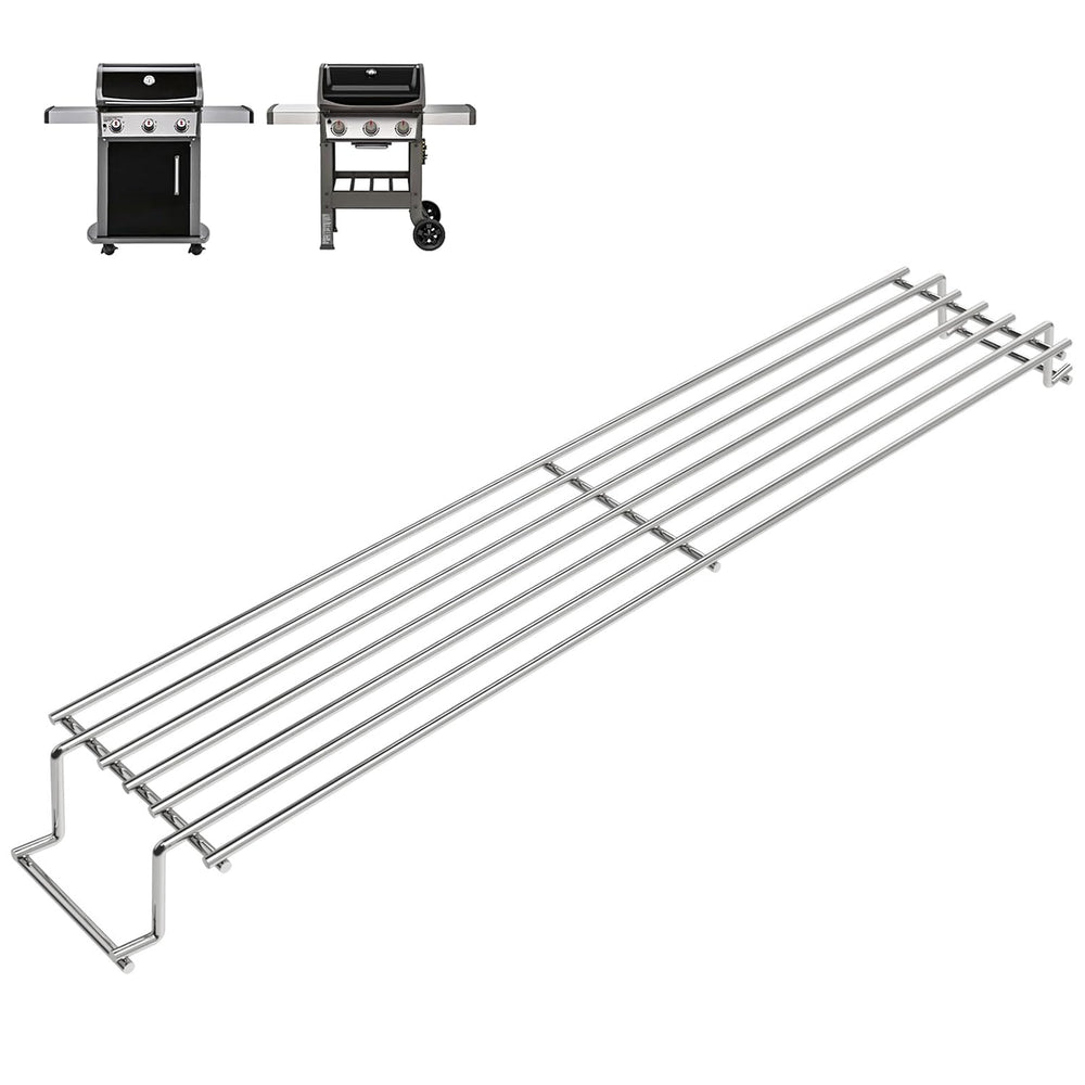 DELSbbq front view of warming rack showing full-length fit and sturdiness