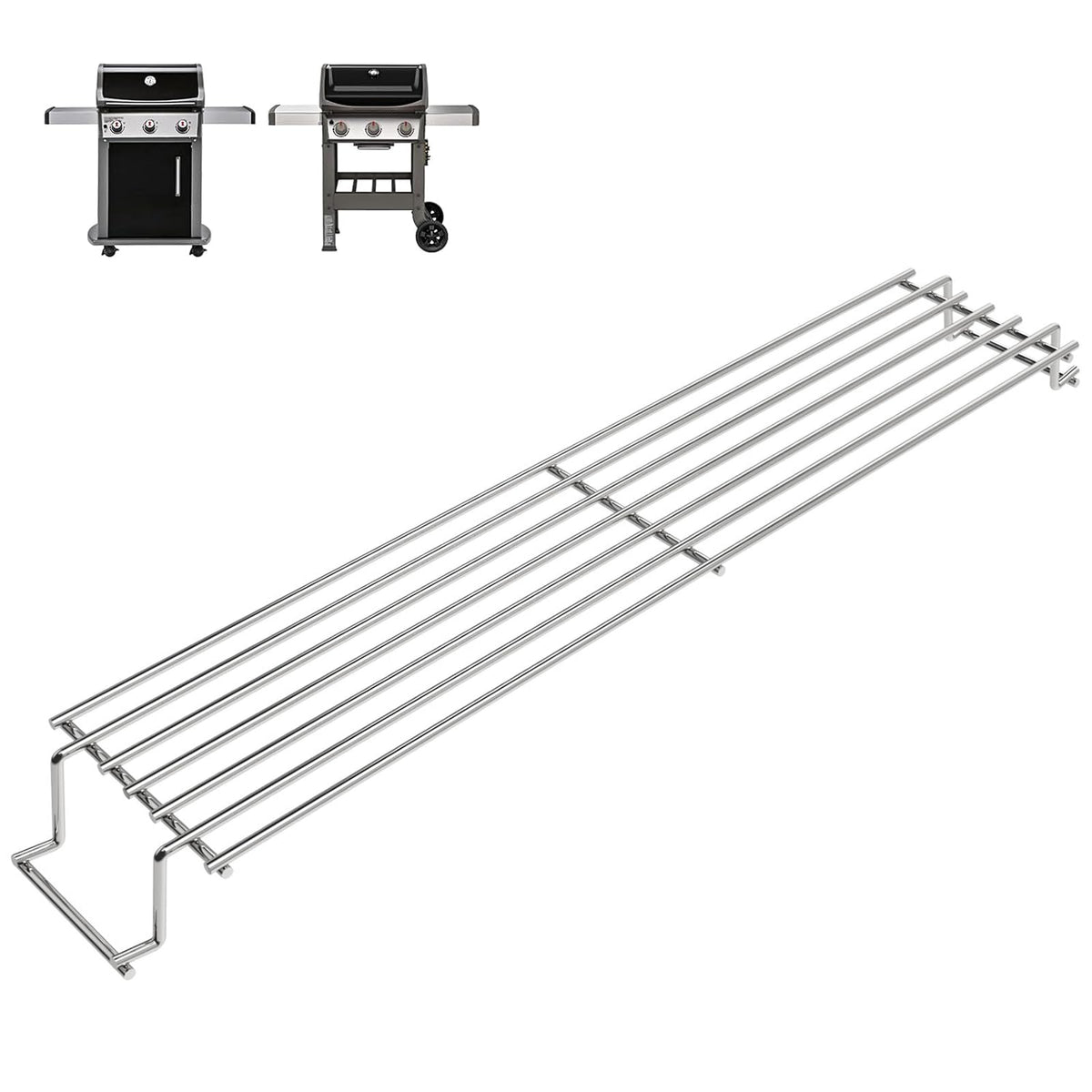 DELSbbq front view of warming rack showing full-length fit and sturdiness