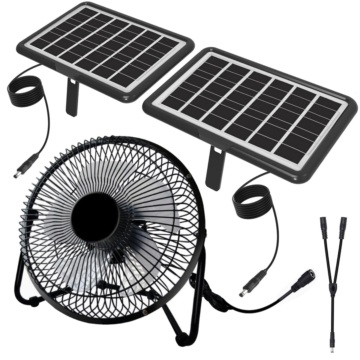 DELUMEE front view showing fan and dual solar panels for portable daytime ventilation