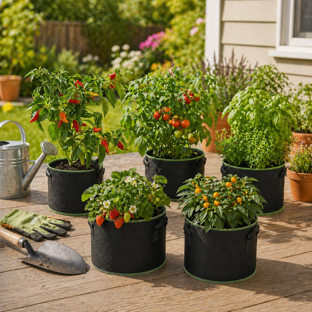 Balcony garden using multiple Delxo bags illustrating space-saving urban planting