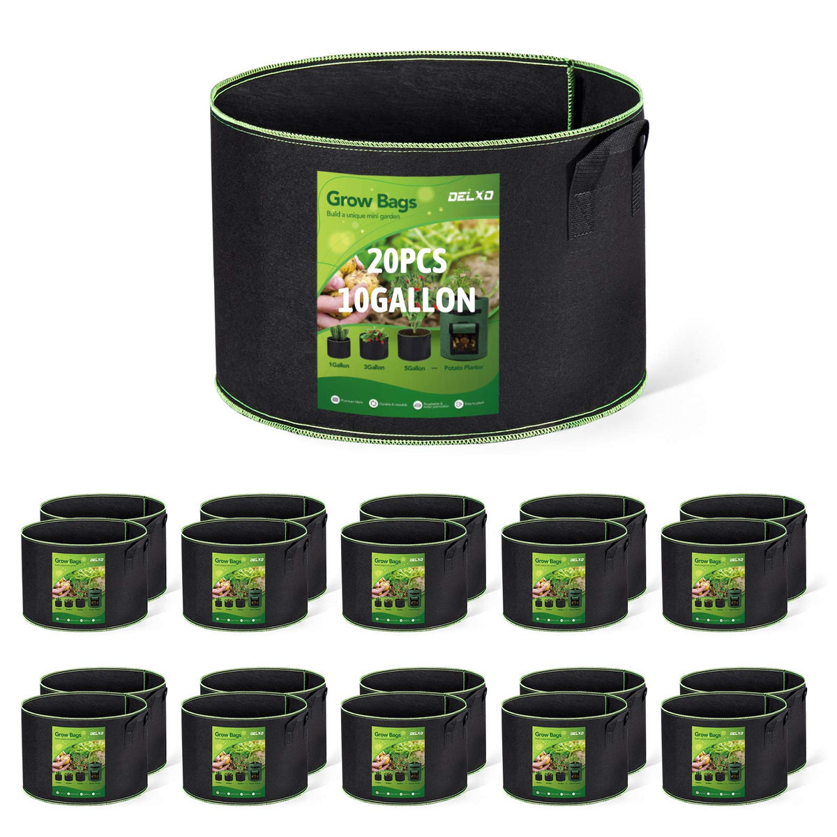 Delxo front view of 20-pack black grow bags showing full set and handles for quick setup
