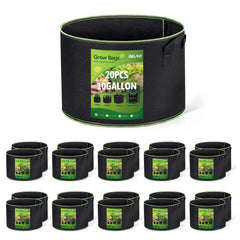 Delxo front view of 20-pack black grow bags showing full set and handles for quick setup