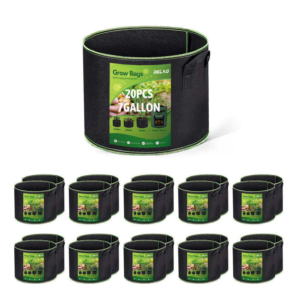 Delxo 20-pack front view showing black 7-gallon fabric pots and quantity benefits