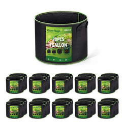 Delxo 20-pack front view showing black 7-gallon fabric pots and quantity benefits