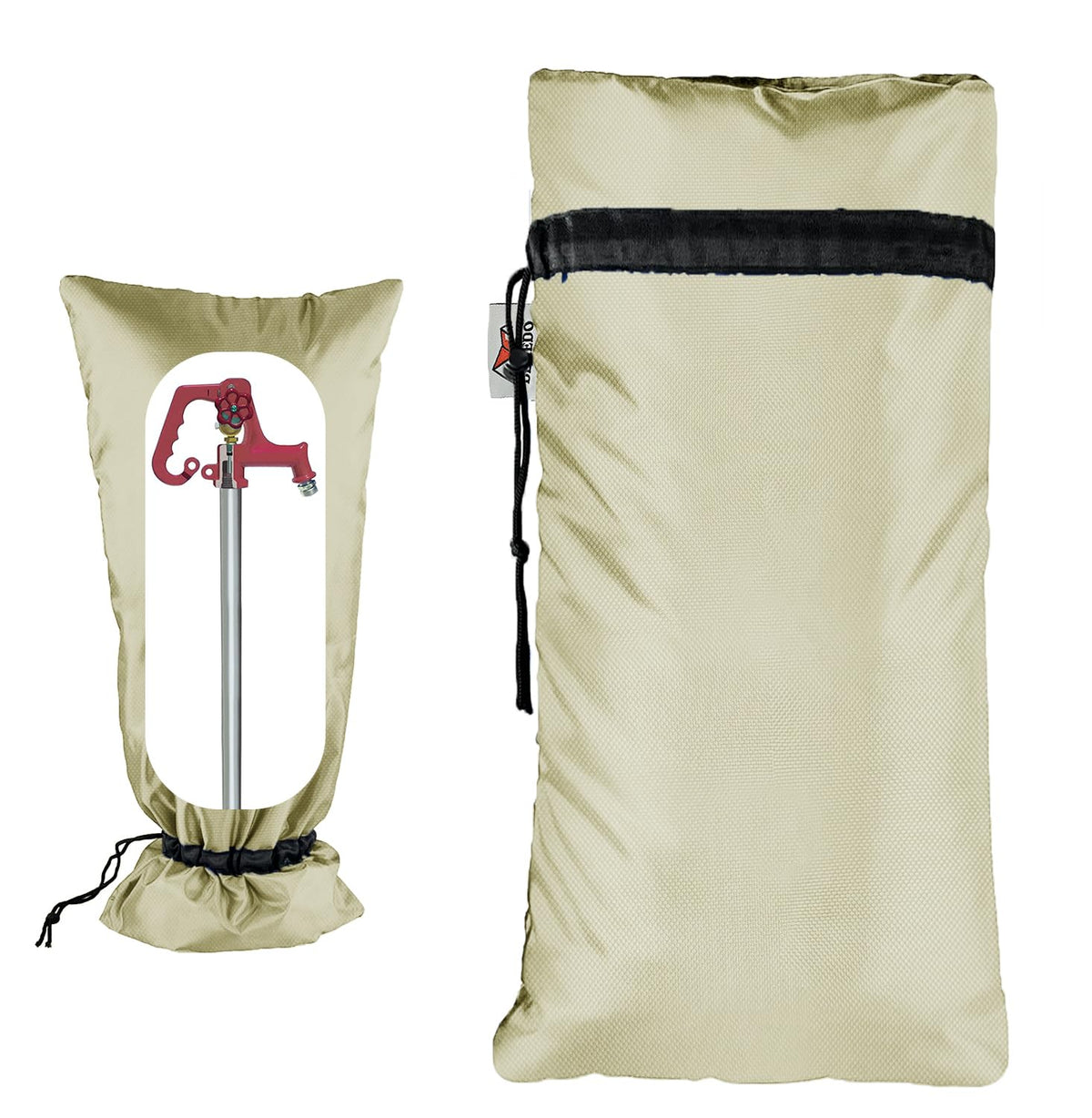 DEMEDO front view showing full-length sand-colored faucet cover protecting hydrant