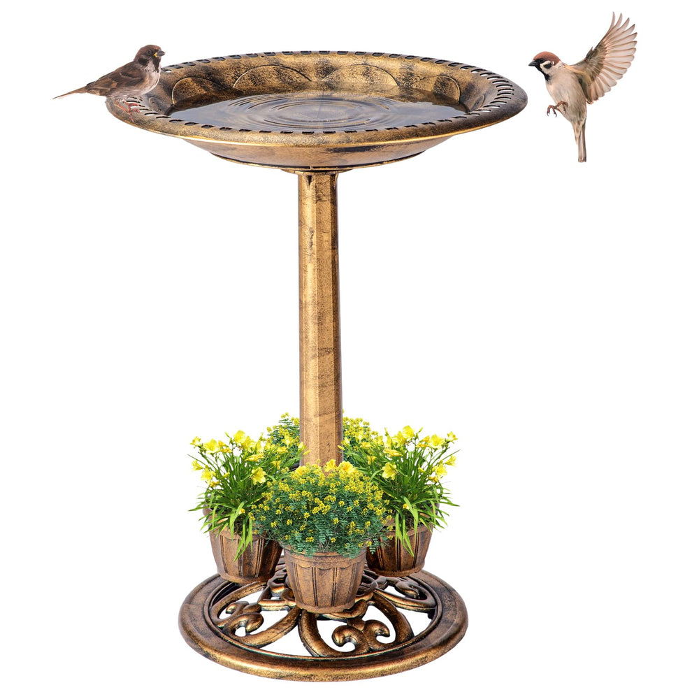 Demeyad bird bath front view showing vintage bronze finish and bowl, enhances garden decor