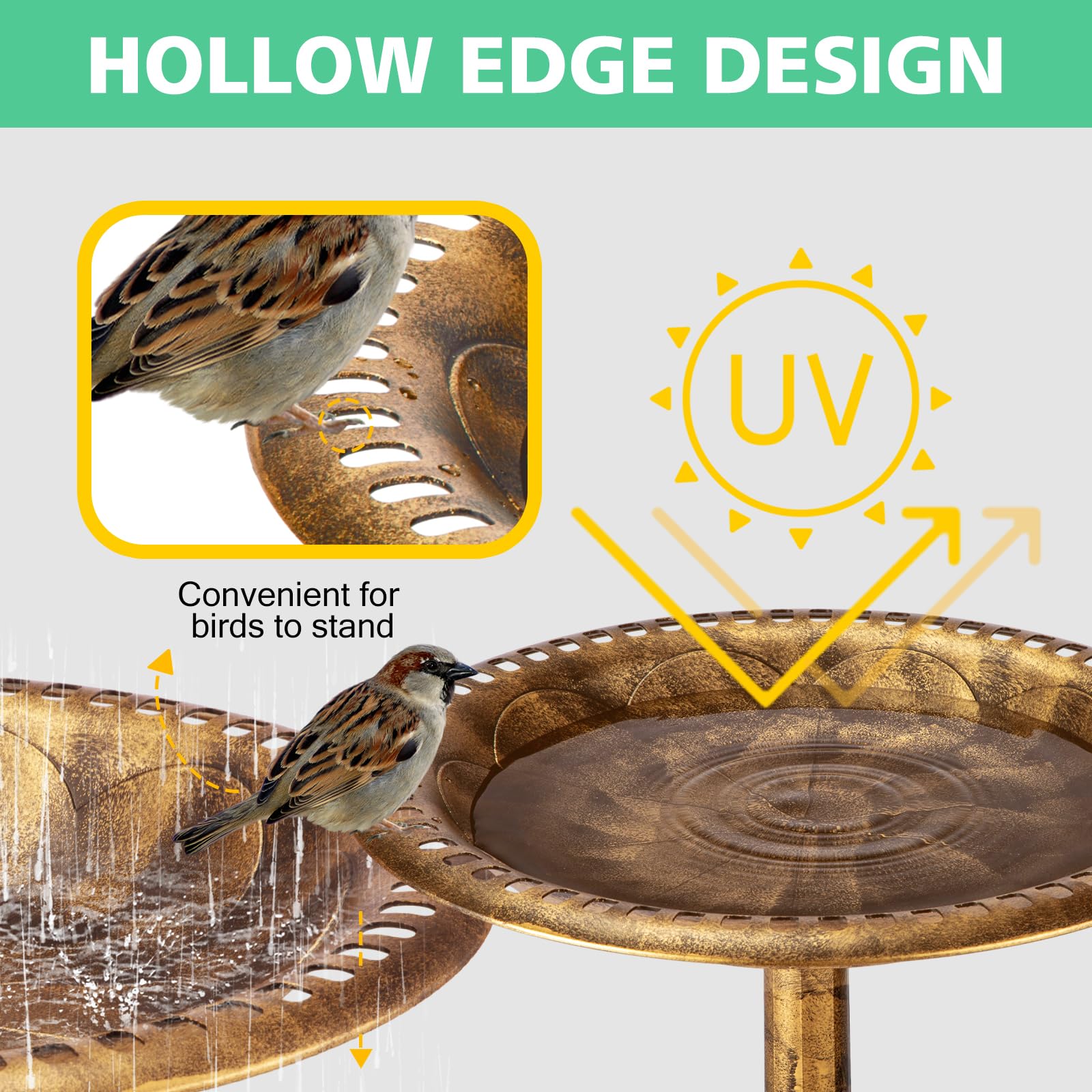 Demeyad bird bath placed among flowers in backyard, attracting birds and pollinators
