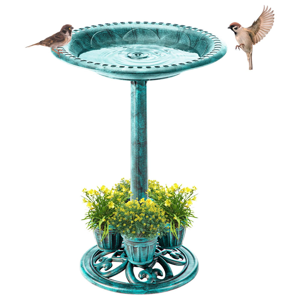 Demeyad front view showing vintage green bird bath and planters, attractive garden focal point