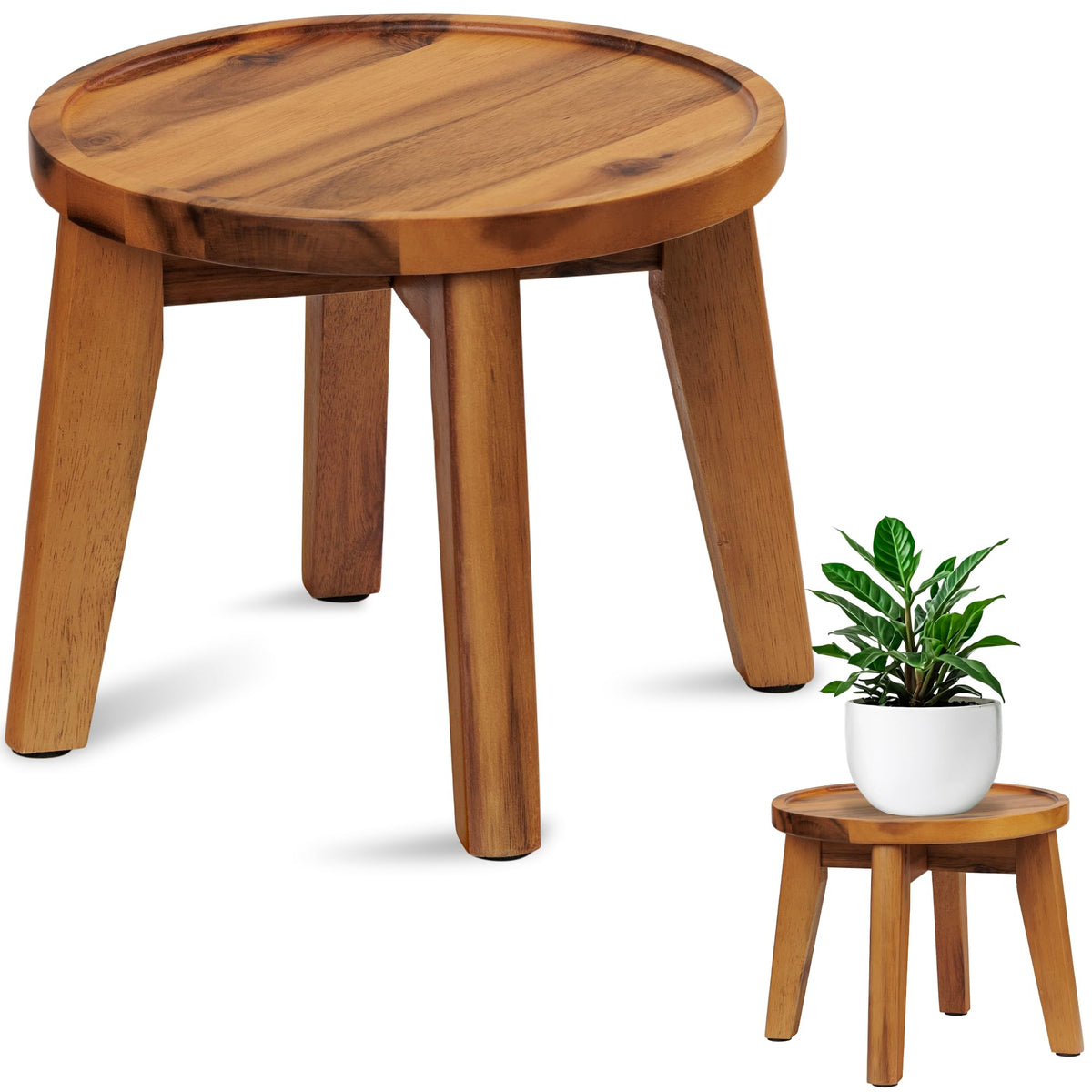 Demigo acacia wood plant stand front view shows sturdy natural finish and style