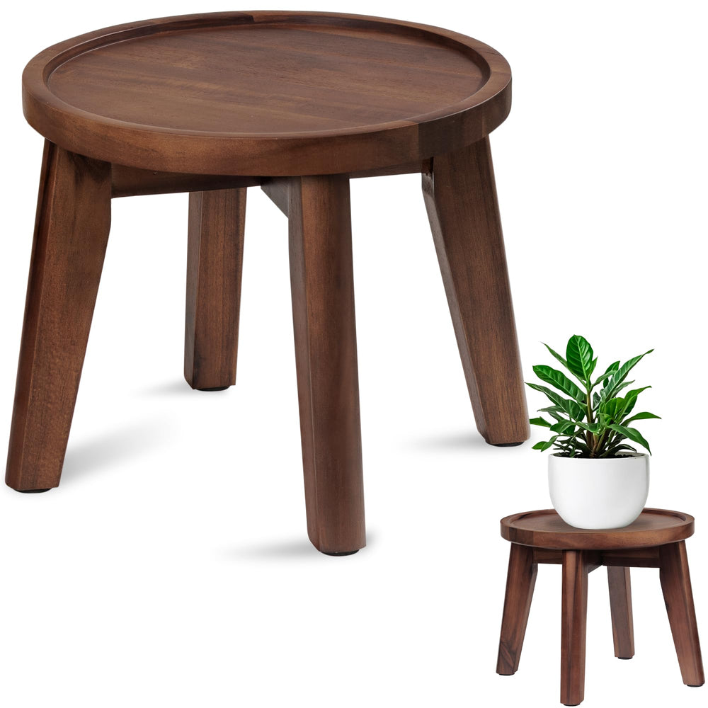 Demigo front view of plant stand showing stable dark brown acacia shelf and tray
